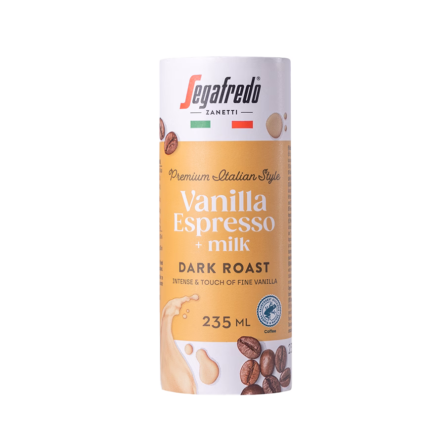 Produktbild: Segafredo ready-to-drink Vanilla Espresso, Kartondose, Packung mit 12 Dosen